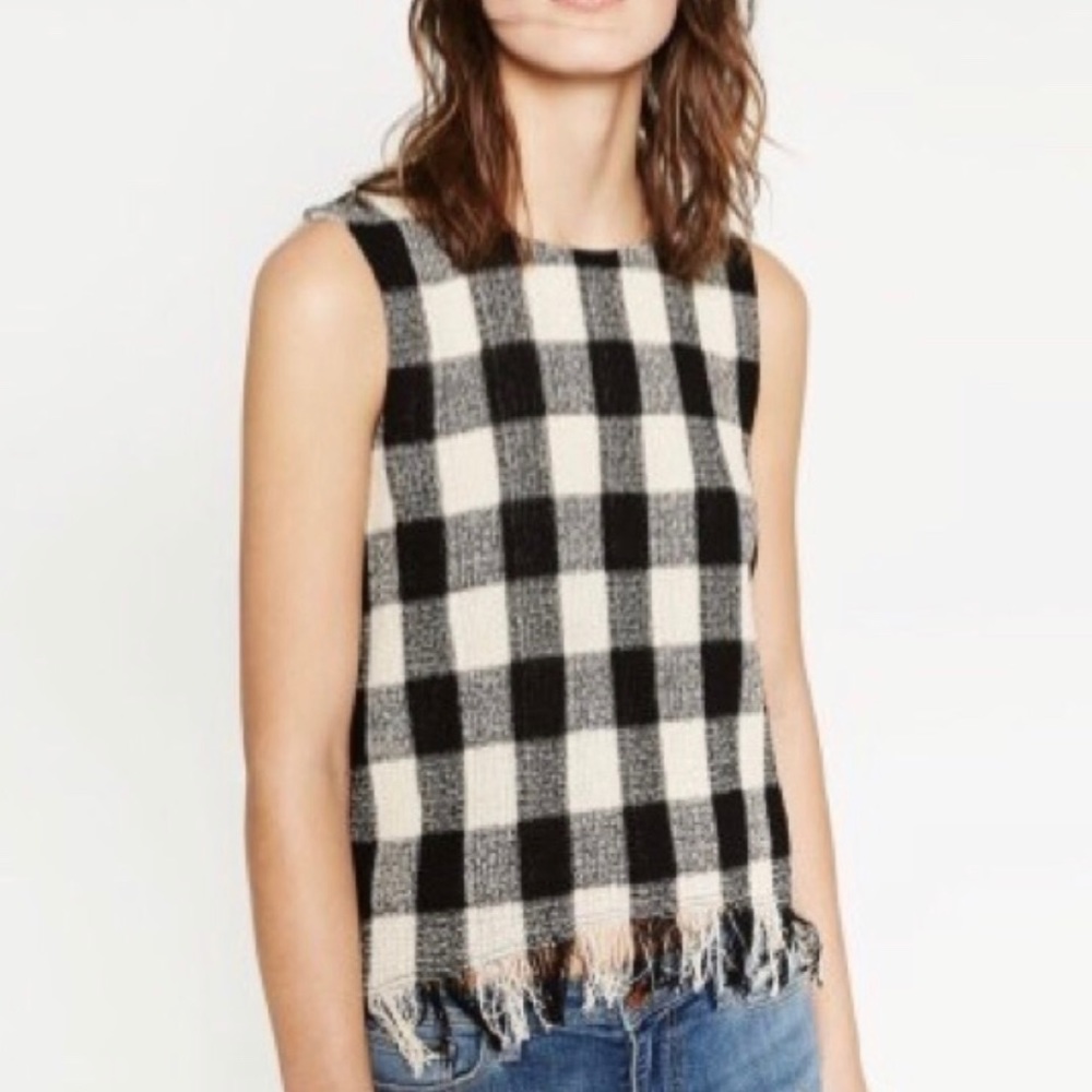 Zara Basic Gingham Fringe Checkered Top